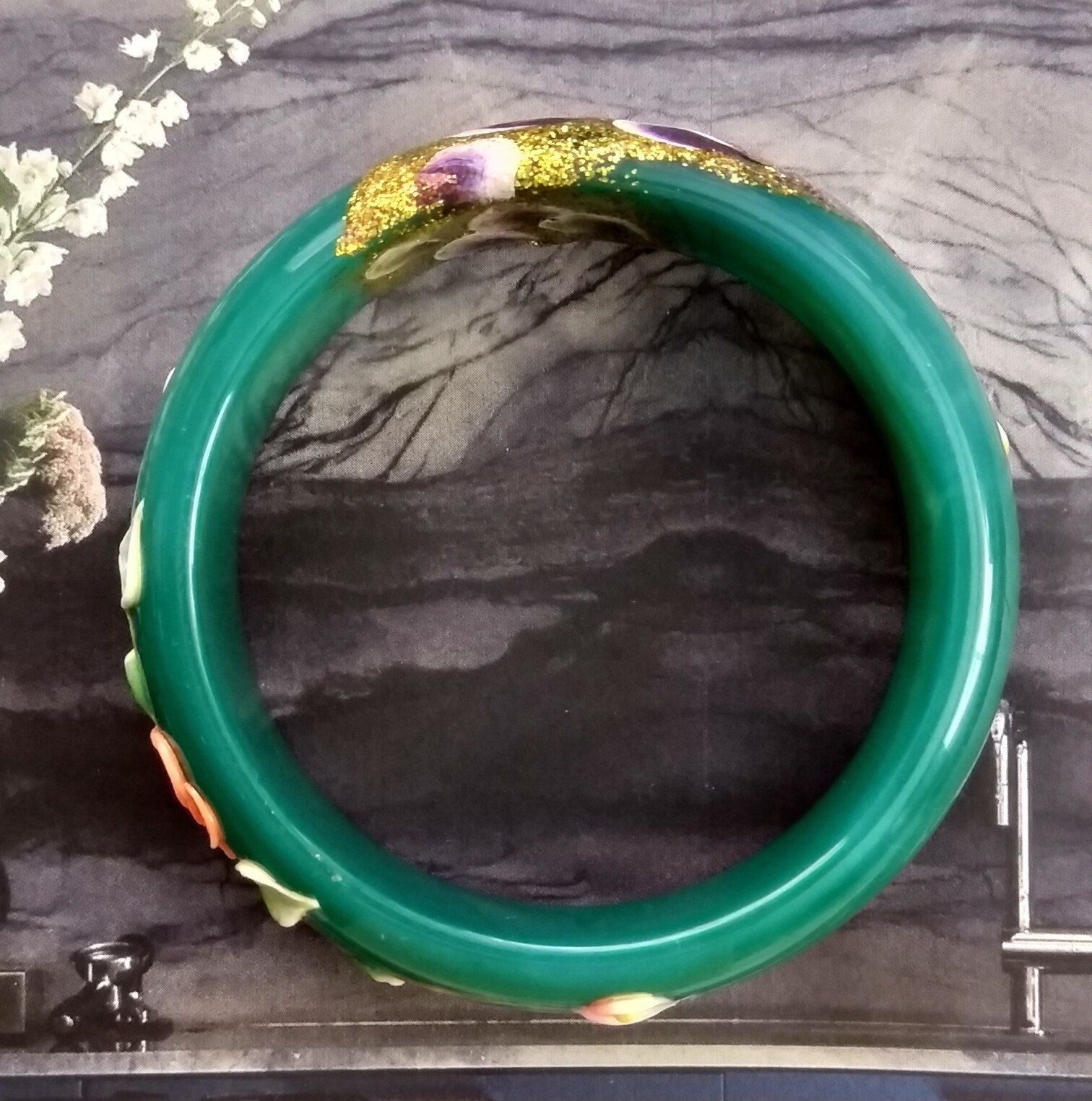 Green Agate Hand Decorated Good Luck Bangle