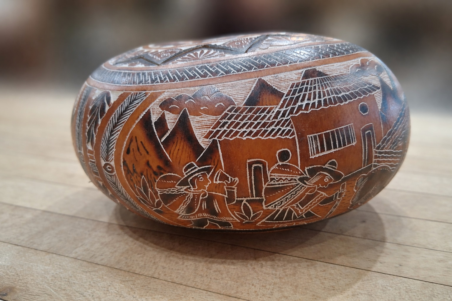 Peruvian Folk Art Hand-Carved Andean Village Scene Gourd Vessel