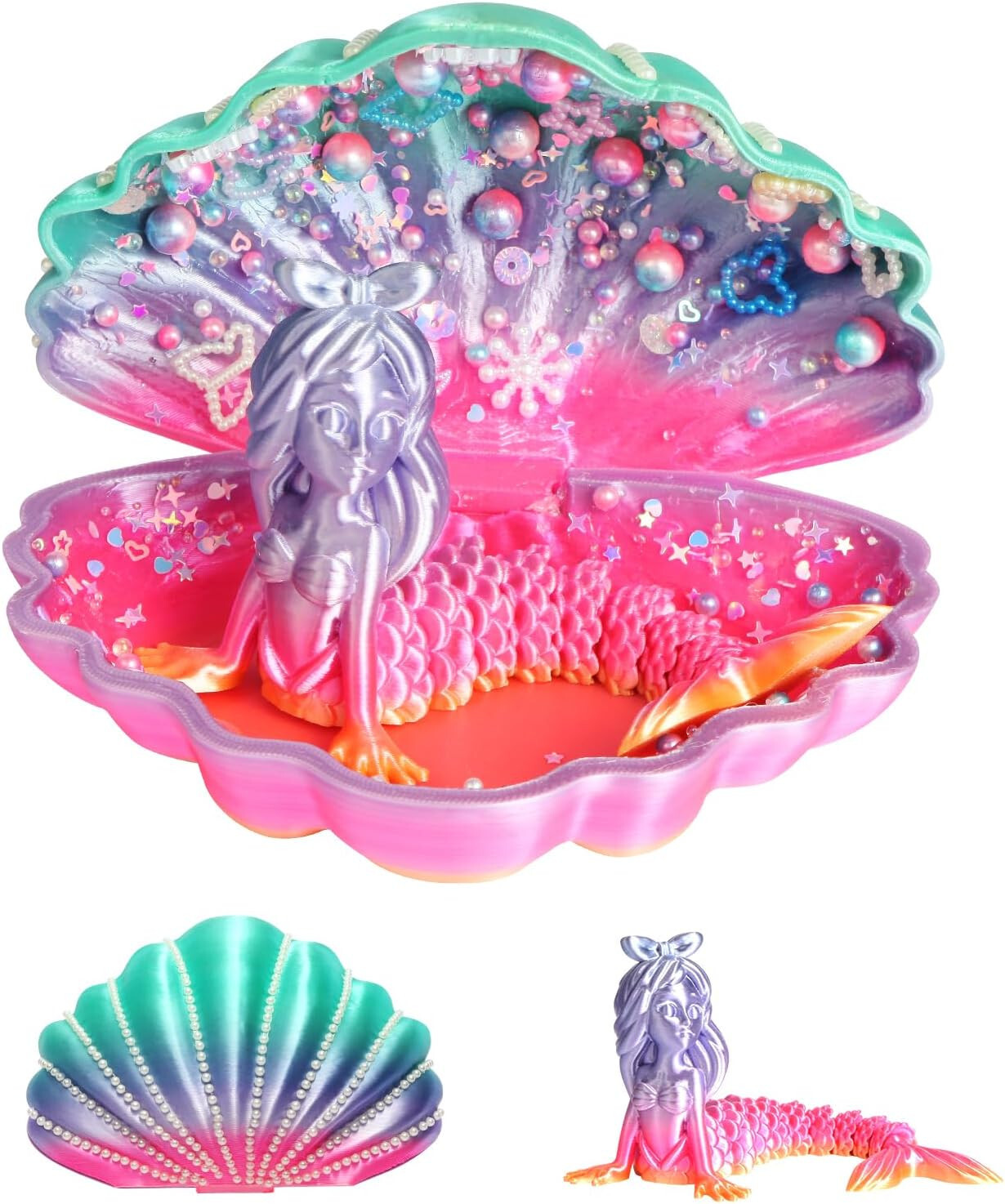 3D Printed Mermaid in a Shell, Includes Craft DIY Decorations, Pink/Teal Rainbow