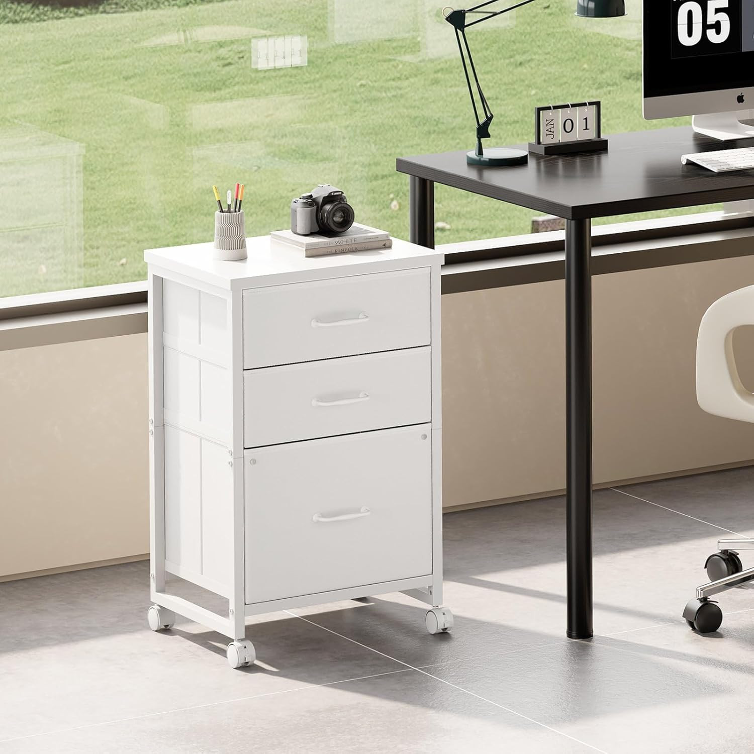 3 Drawer Mobile File Cabinet with Wheels Fabric Vertical Filing Cabinet Fits A4