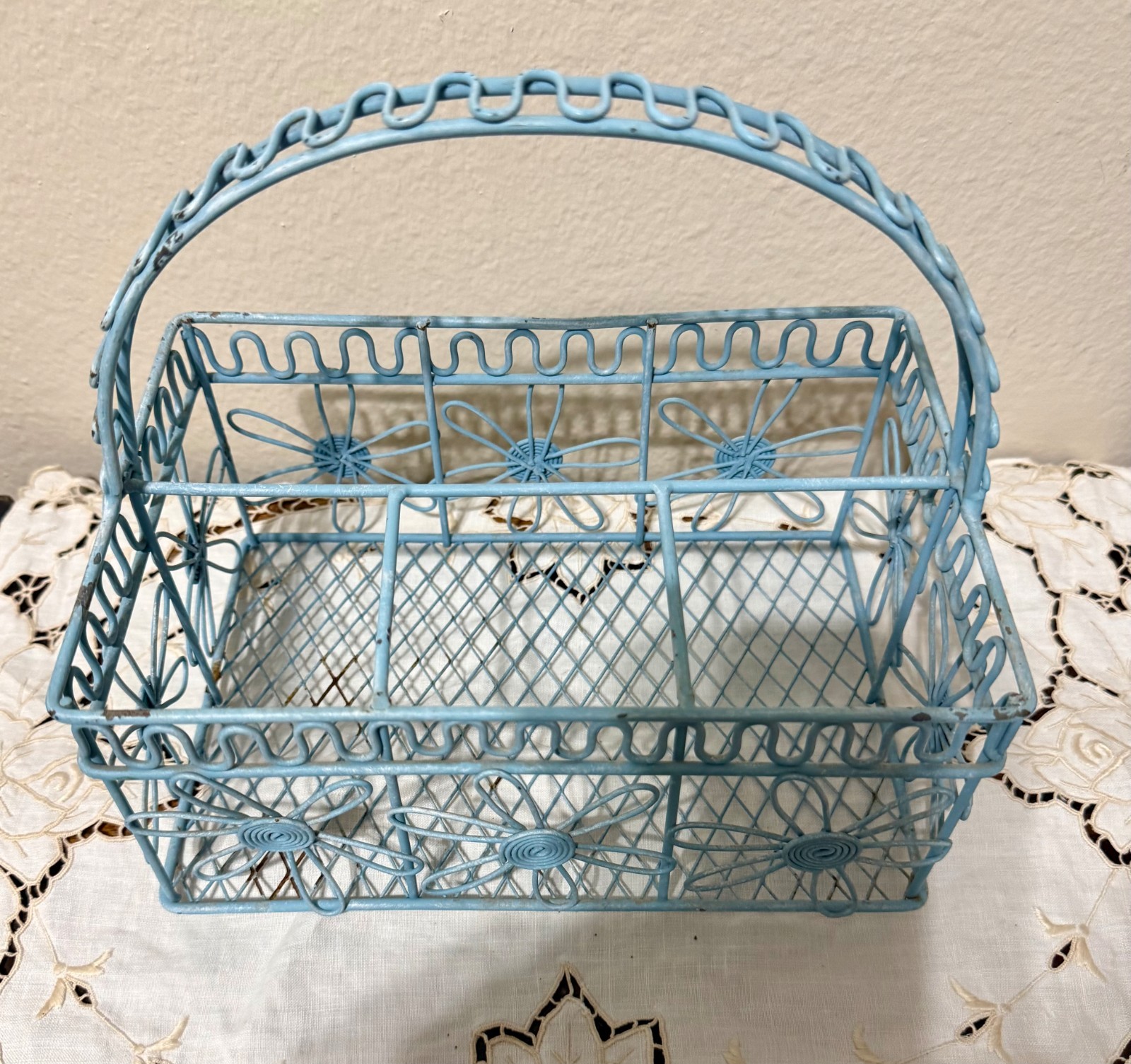Vintage Metal Covered Sectional Spring Rustic Basket Eggshell Blue