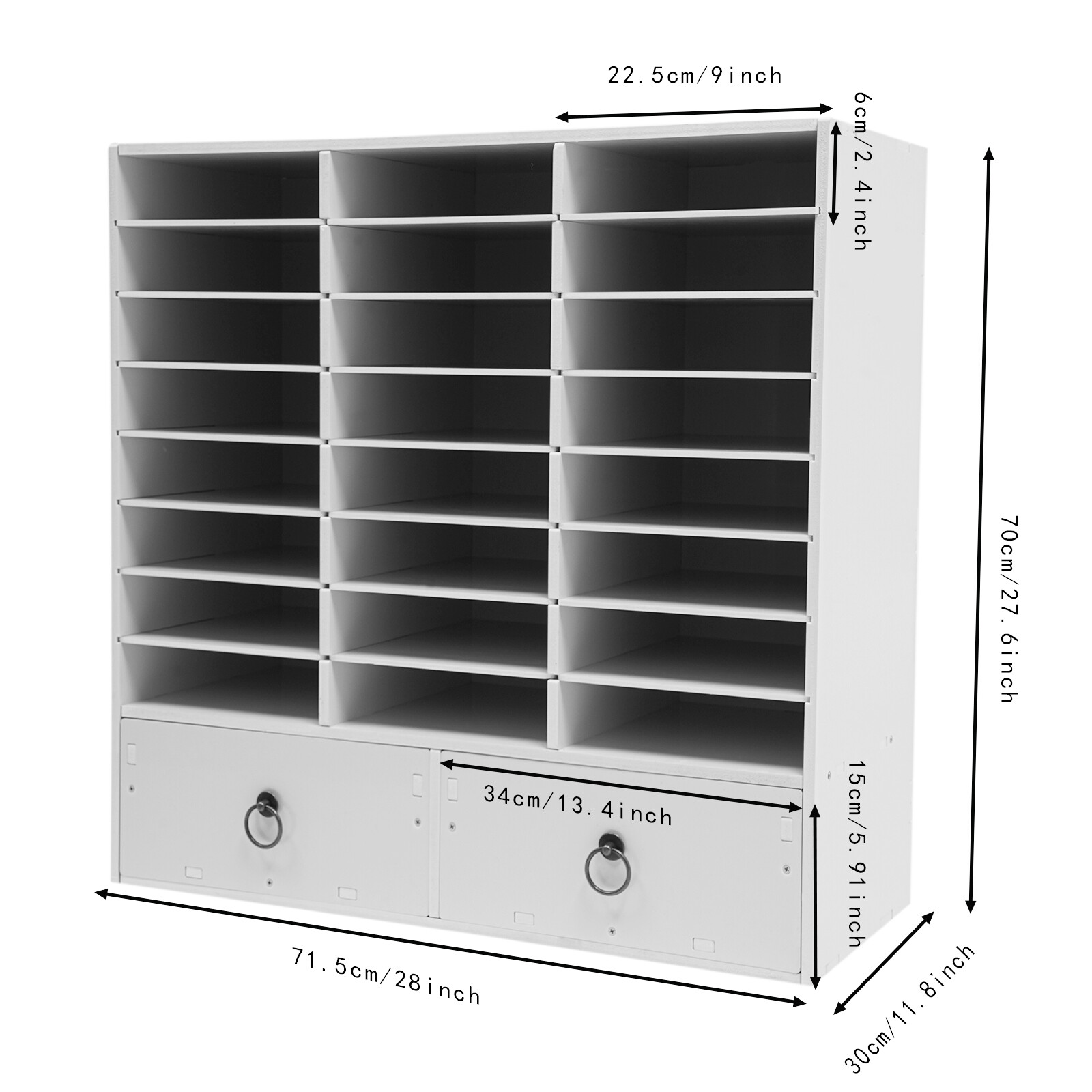 24 Compartments Paper and Mail Organizer Storage Cabinet and 2 Drawers