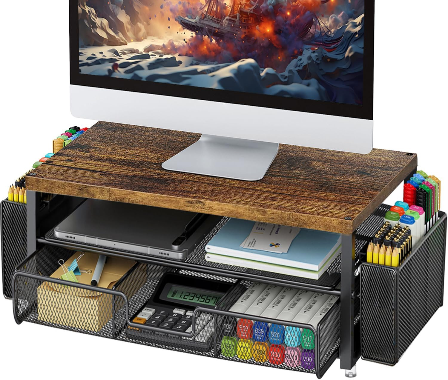 Monitor Stand Riser, Desk Organizer with Drawer and Pen Holder, 2-Tier Comput...