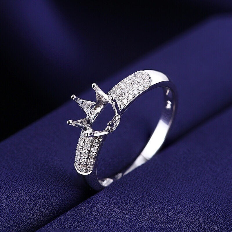 925 Sterling Silver Real 6mm Round Semi Mount Ring White Accent Setting Jewelry