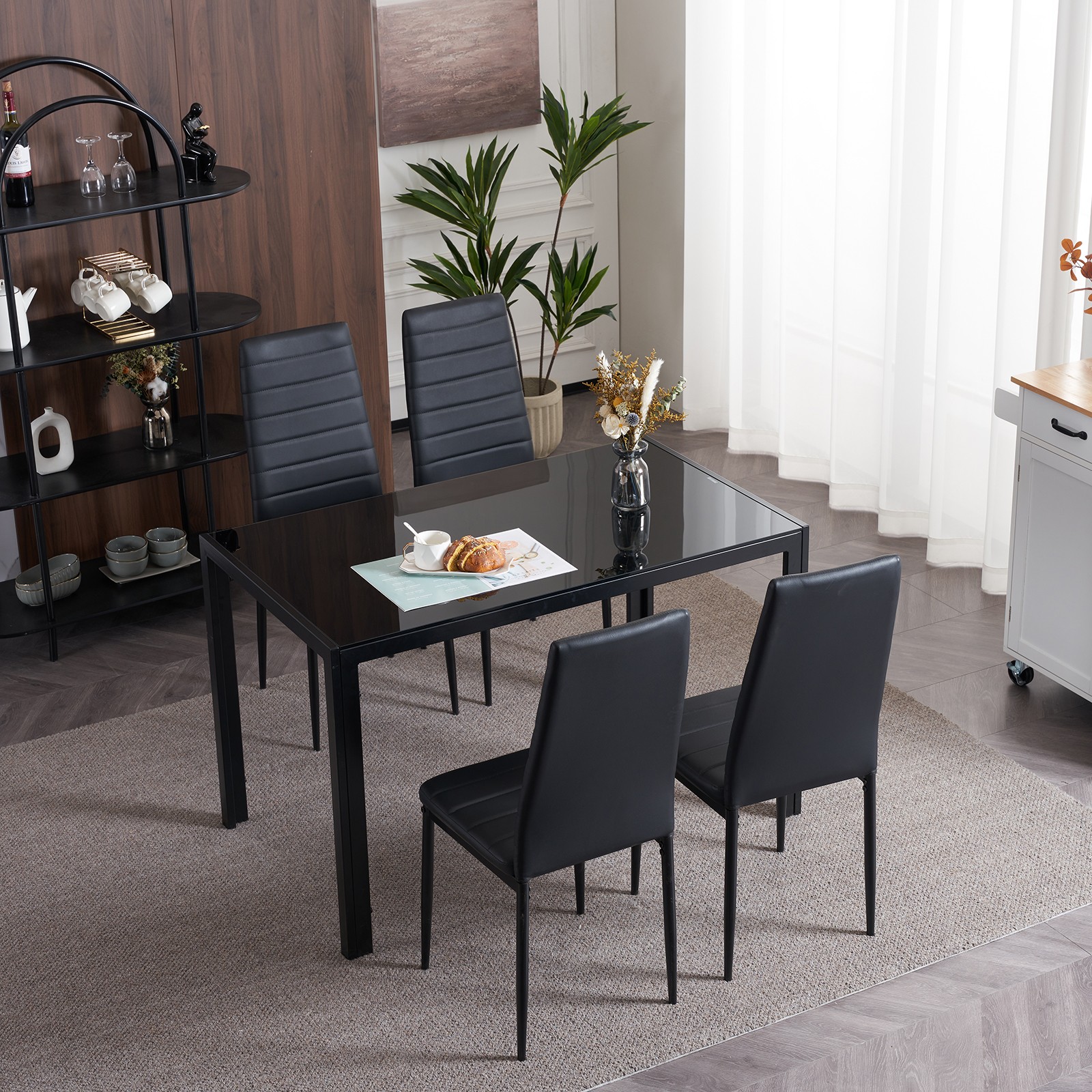 Set of 4 Dining Chairs High PU Leather Elegant Design for Home Kitchen Black