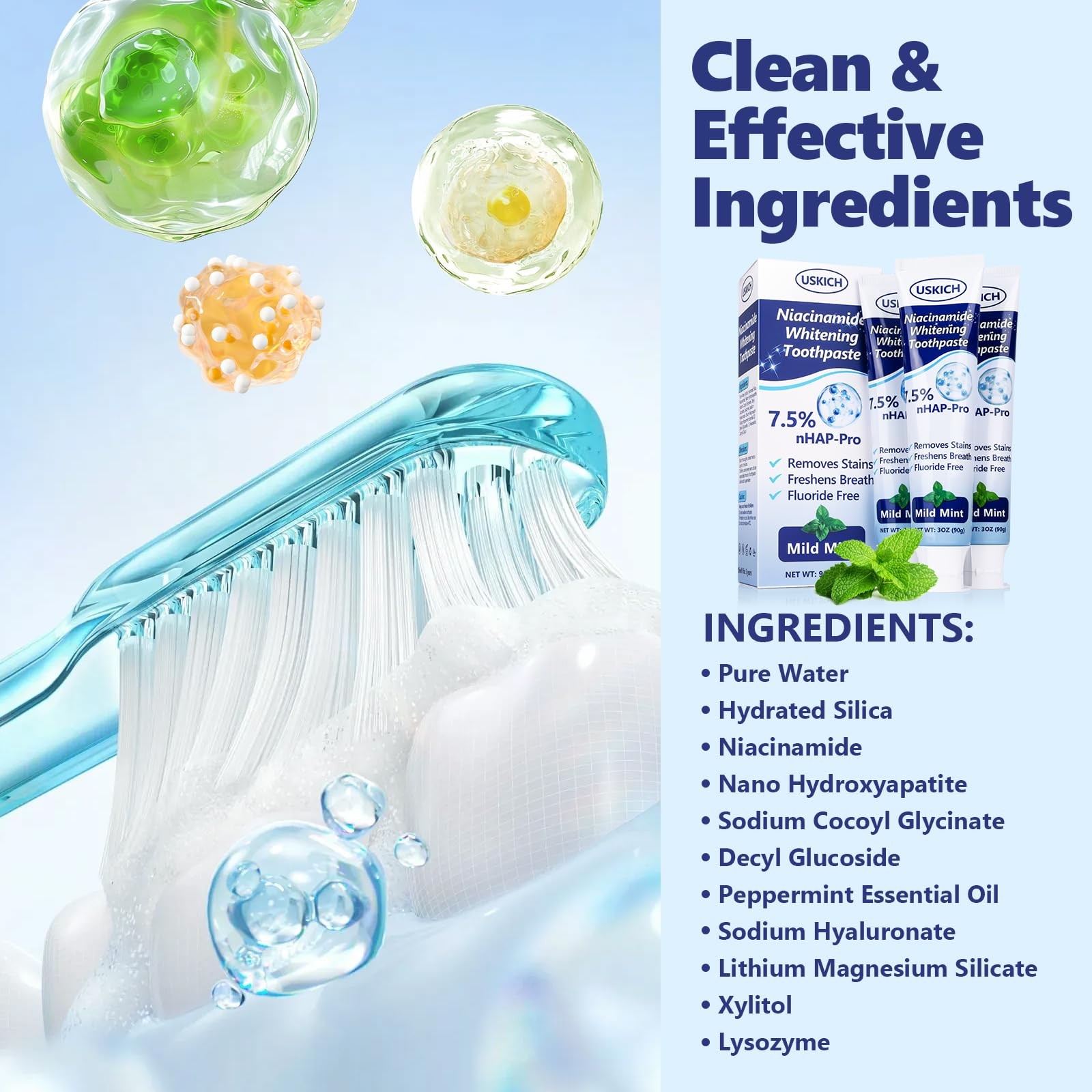 7.5% Nano Hydroxyapatite Toothpaste 3 Pack Whitening Natural Peppermint Fluoride