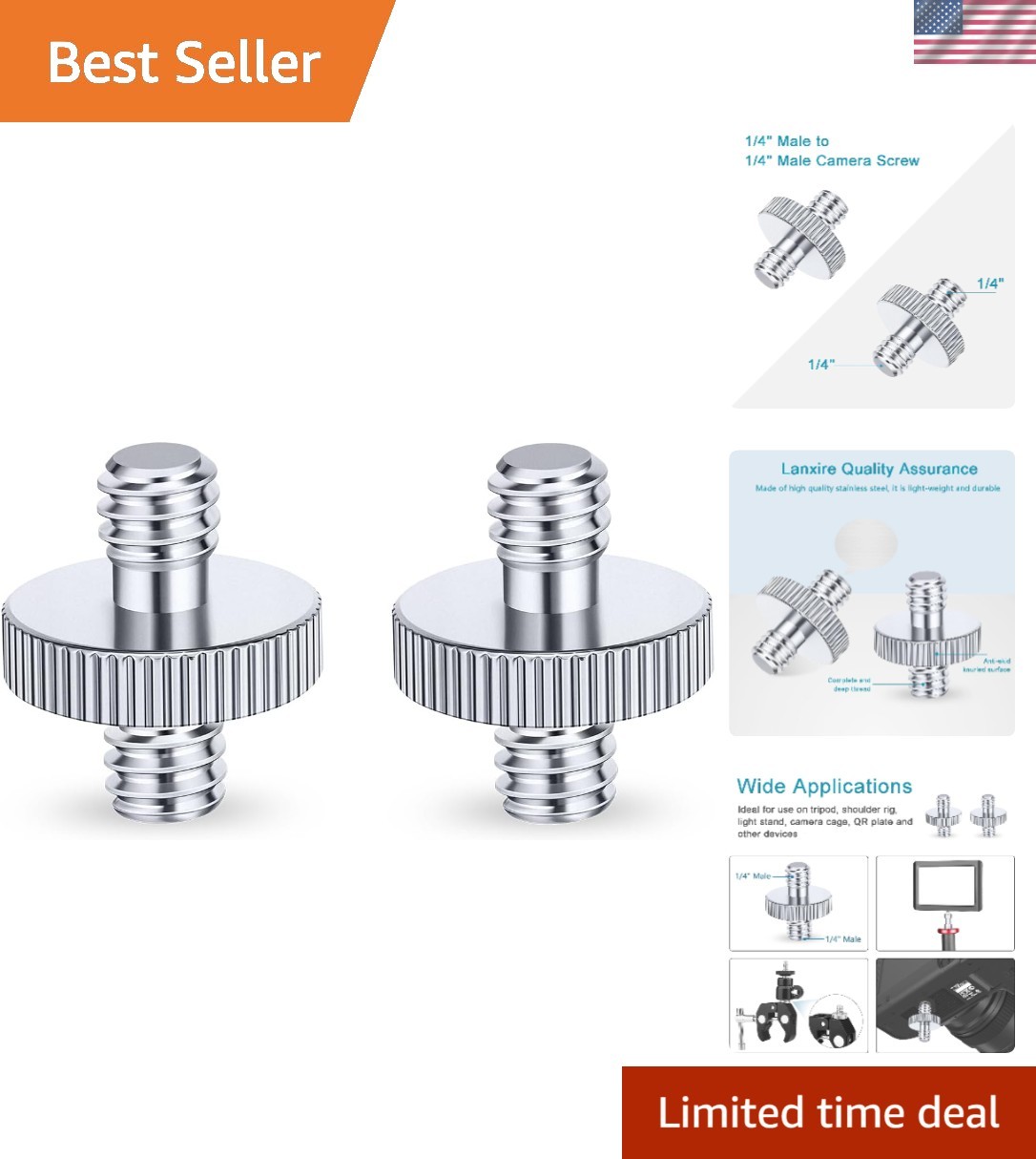 Versatile 1/4" Male to Male Tripod Screw Adapter for Creative Setups - 2 Pack