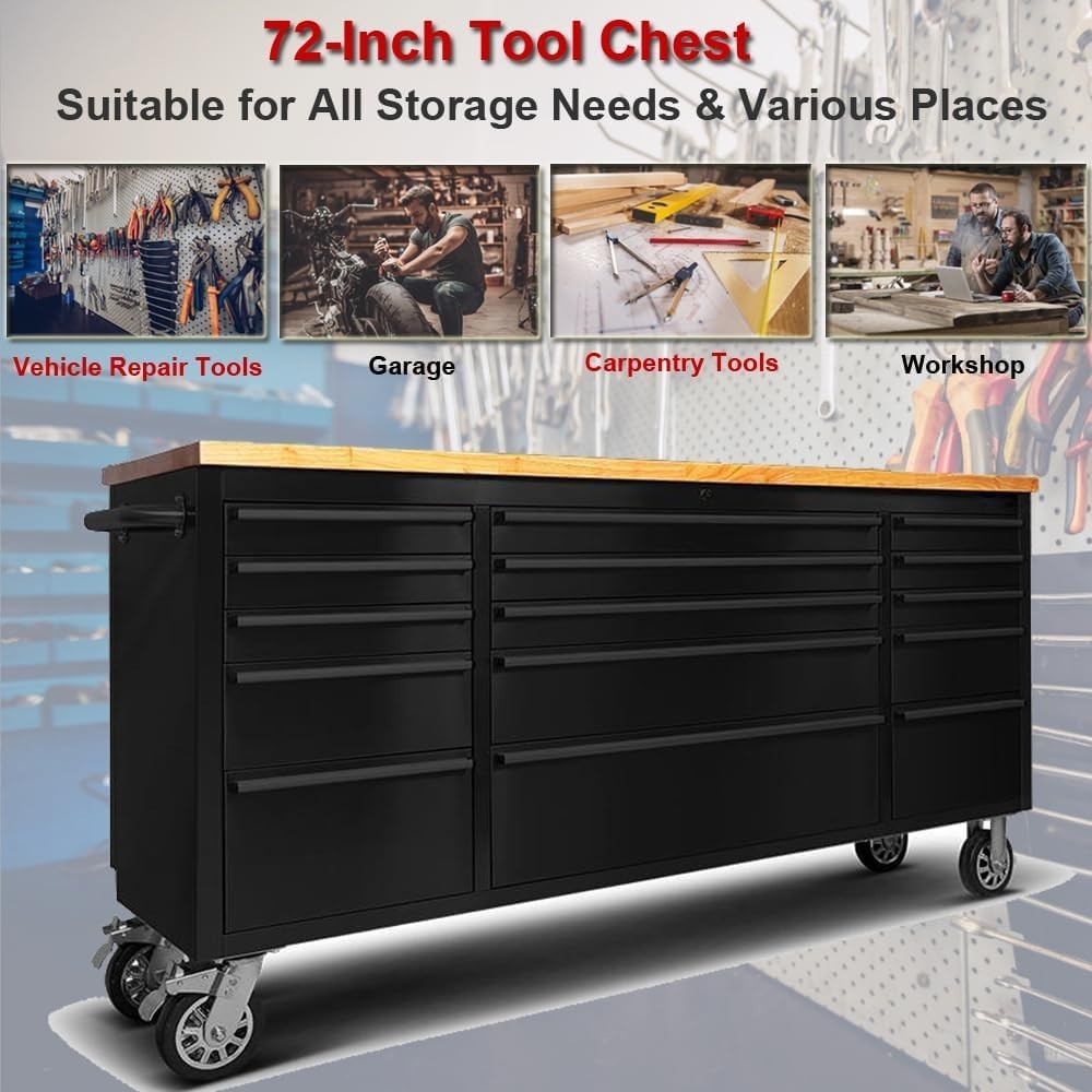 72" Tool Chest 15 Drawer Rolling Workbench Cabinet Lockable Wheels Garage