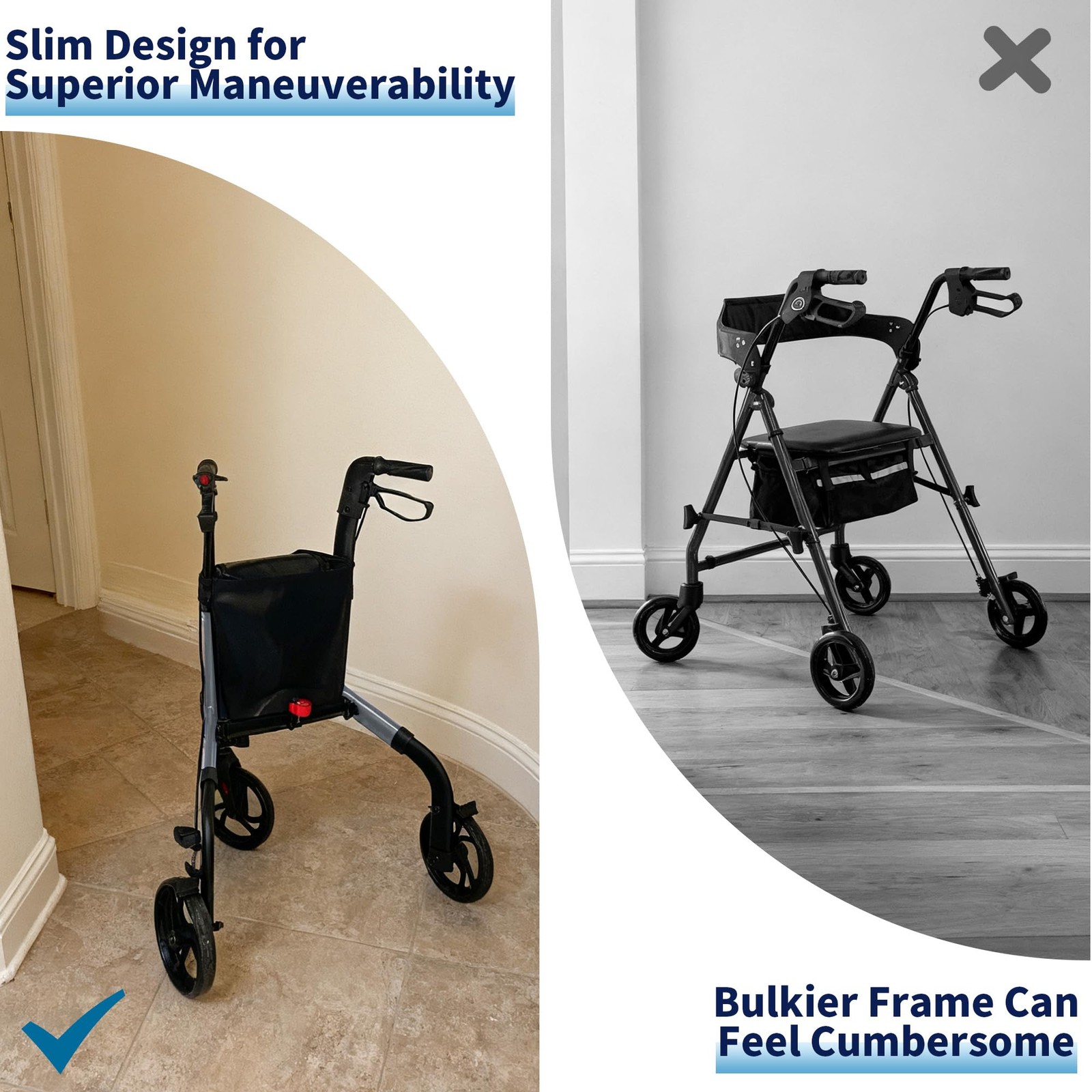 Premium 3 Wheel Rollator Walker for Seniors, Lightweight Foldable Gray