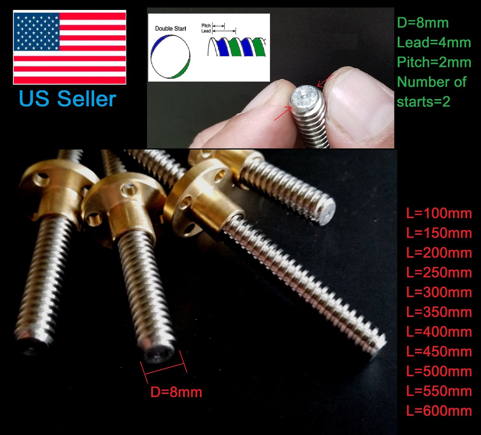 8mm Lead Screw TR 2 starts 8(Diameter)x4(Lead)x2(Pitch) Length 100-600mm  lot