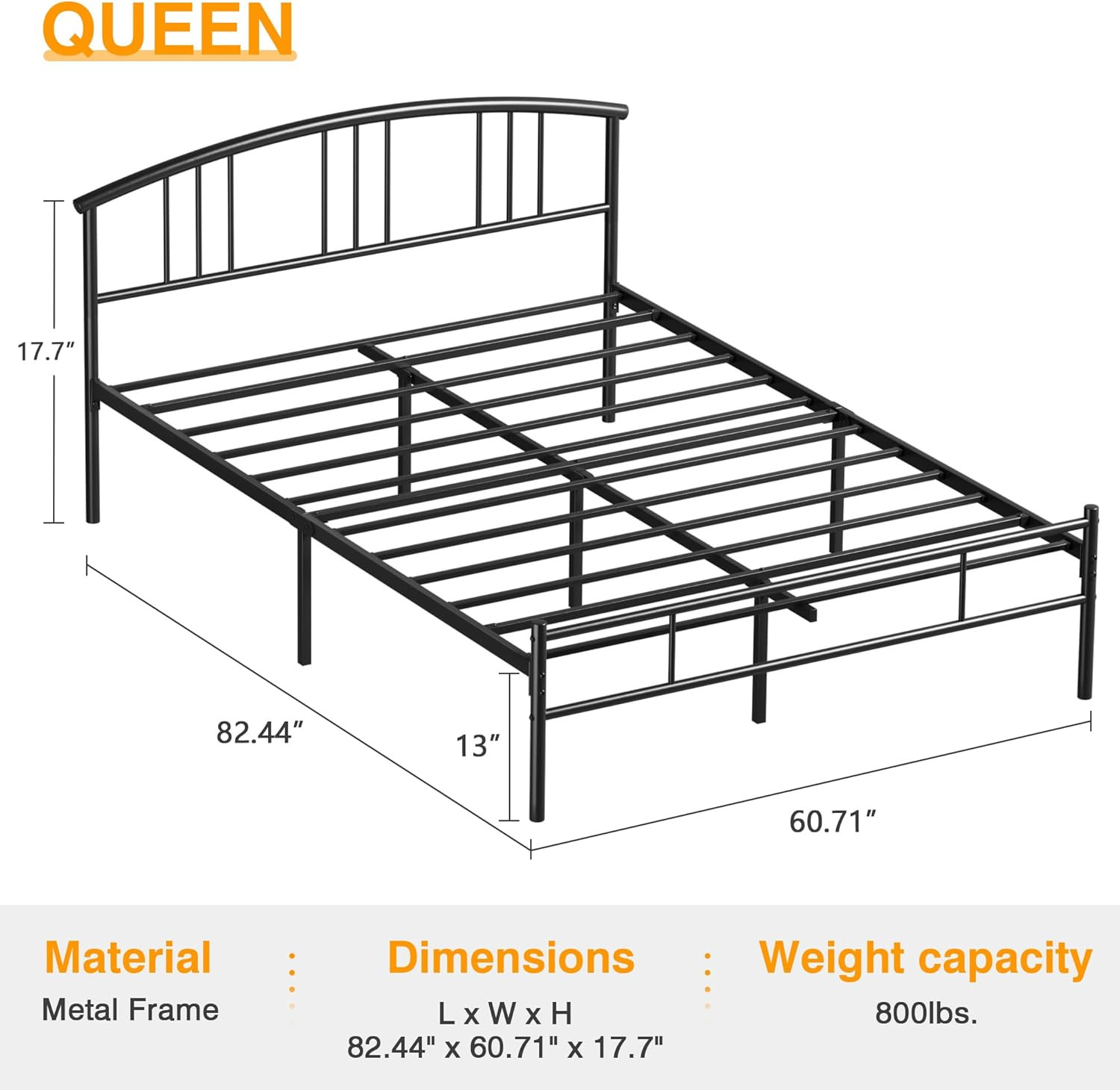 Sturdy Queen Bed Frame with Headboard, 14" Metal Platform, No Box Spring Needed