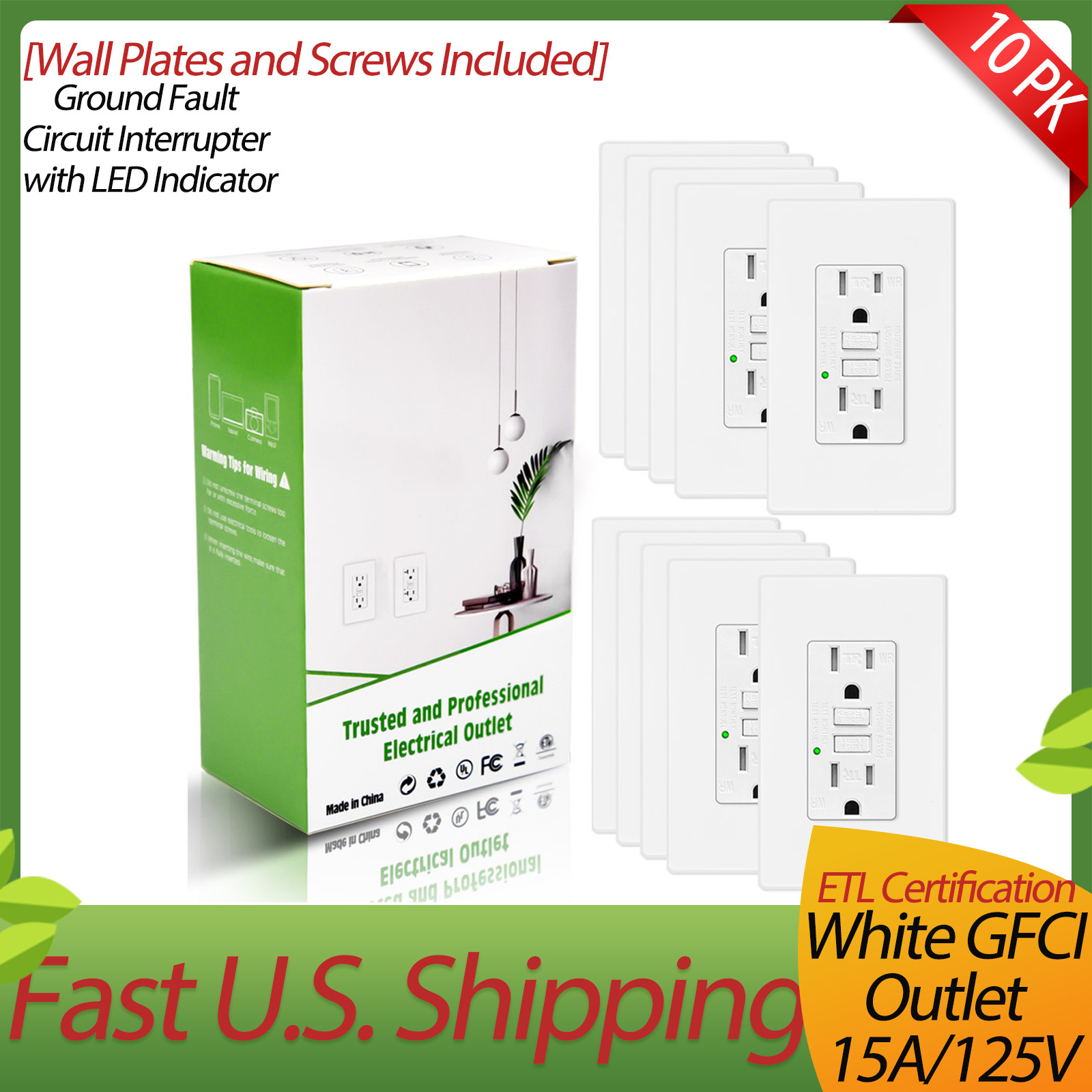 10PK GFCI Outlet 15A/125V , Indoor Outdoor Wet Location Use,White, ETL Listed