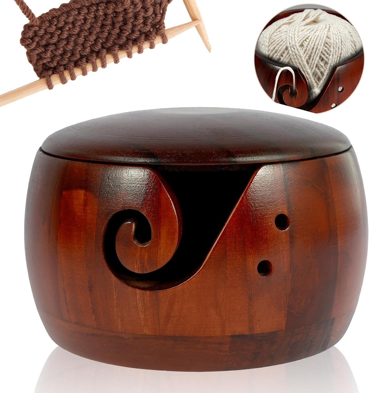 Wooden Yarn Bowl with Lid, 6Inch Knitting Yarn Bowl with Carved Holes, Crochet Y