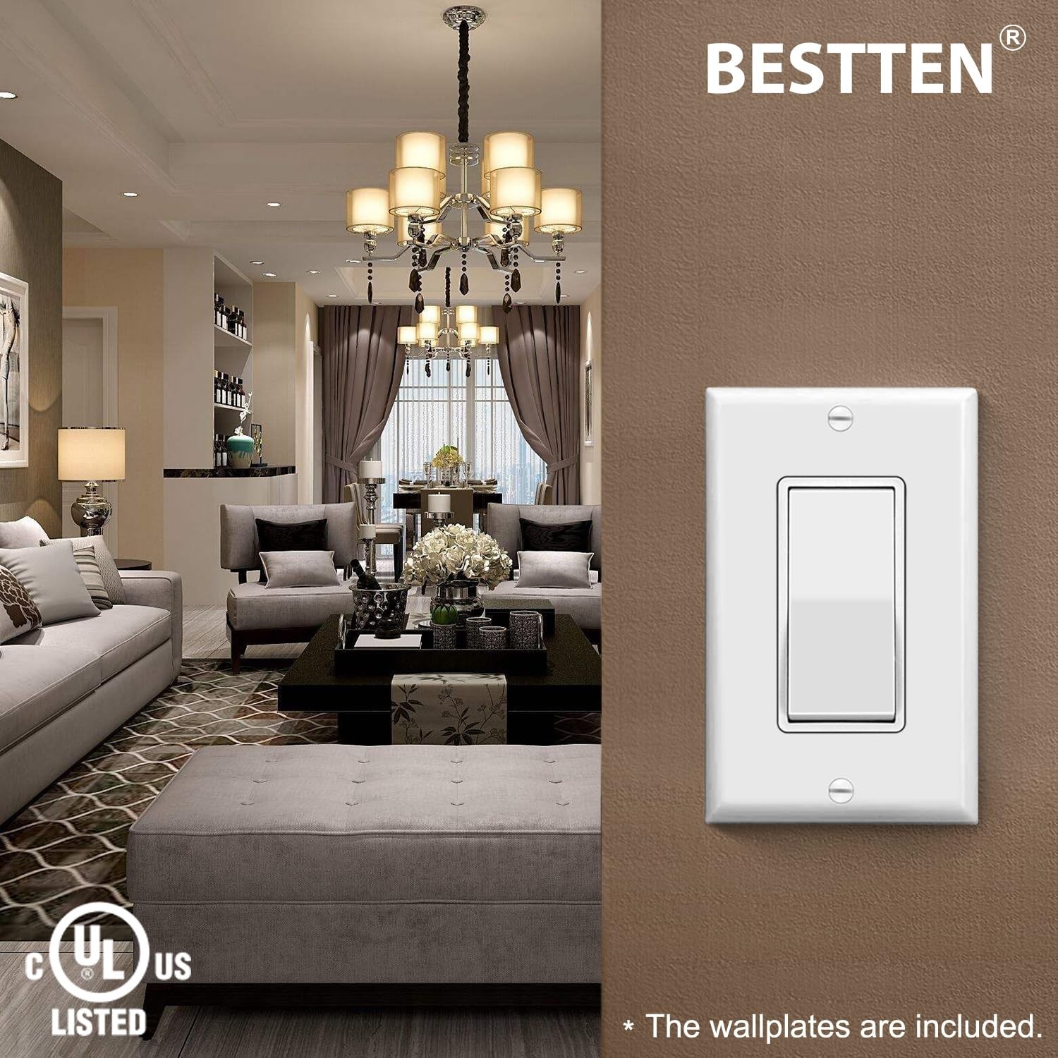60 Pack Single Pole Decorator Wall Light Switch with Wallplate, 15A 120/277V,...
