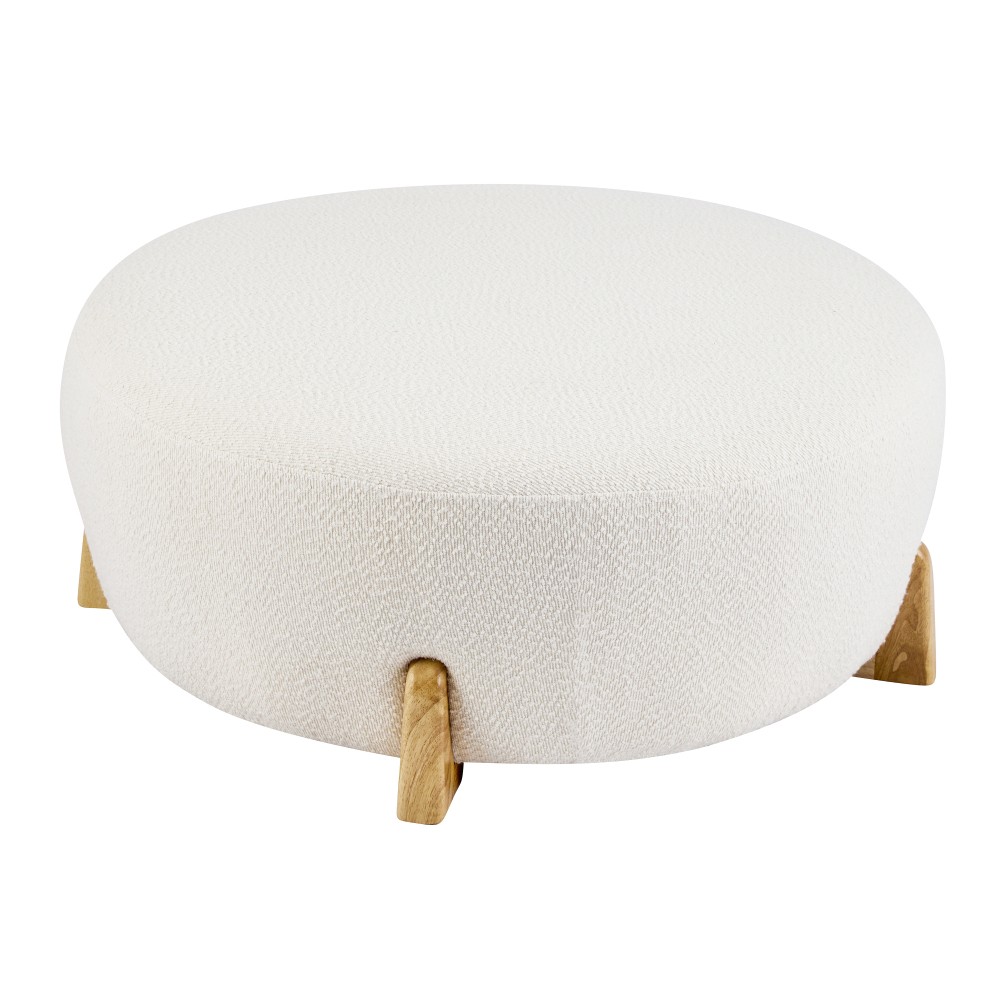 Round Footstool Bouclé Fabric Top With Flared Rubberwood Legs