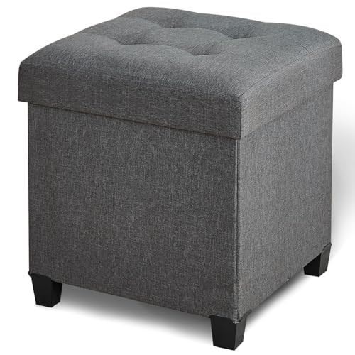 17.7" Ottoman with Storage, Square Storage Ottoman for Dorm, Linen Gray, Linen