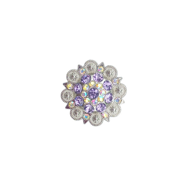 1 1/2" Flower Concho with Light Purple and Clear Rhinestones and screw back.