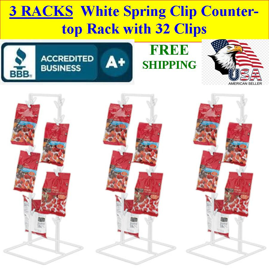 3 Racks Retail Spring Clip Countertop Rack with 32 Clips, for 32 Bags, 2 Ft Tall