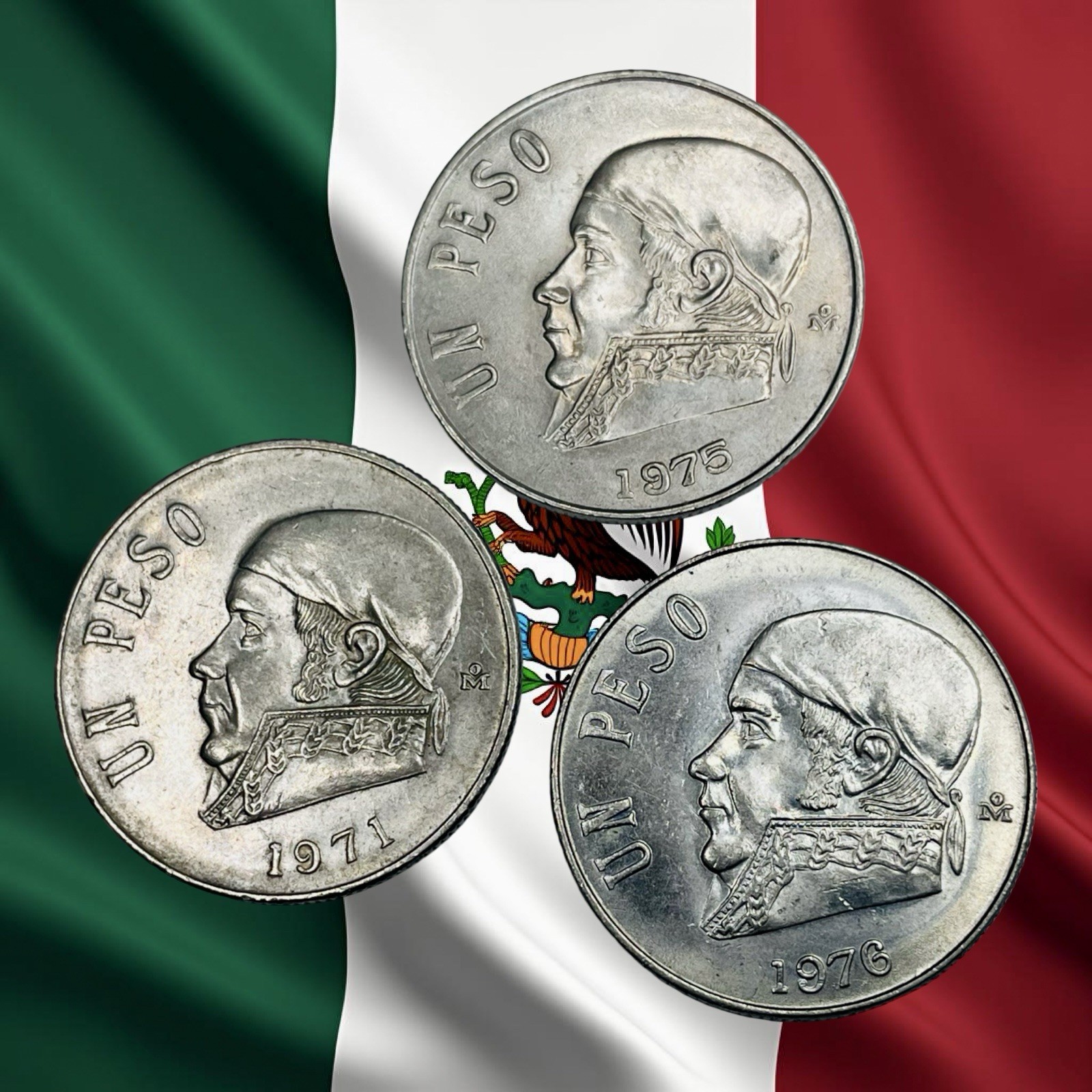 Lot of 3 Mexico 1 Peso Coins - 1971, 1975 & 1976 - Combined Ship