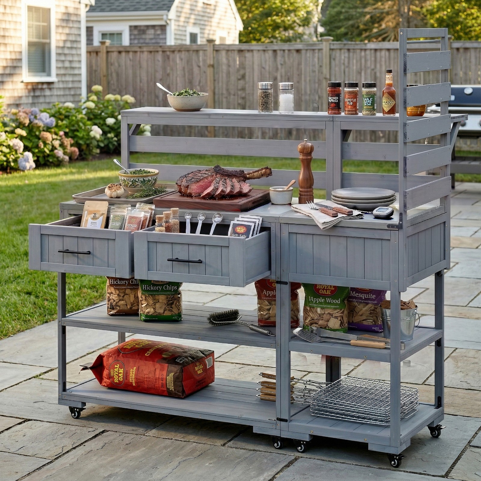 62.3" Patio Kitchen Island Cart with Stainless Top, Gray Wood Potting Bench