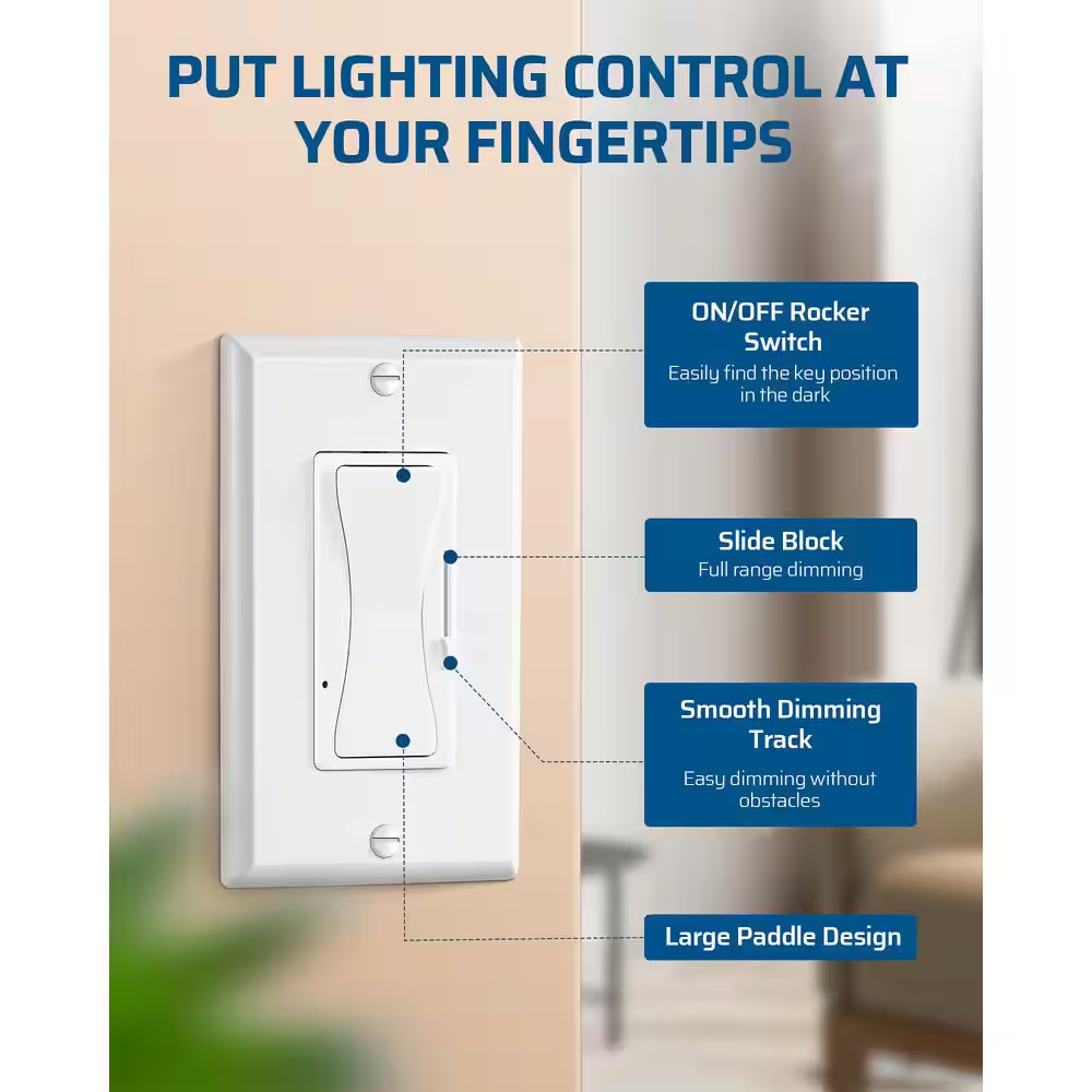 White On/Off Rocker Switch, Single-Pole/3-Way Dimmer Switch for CFL, Halogen, In