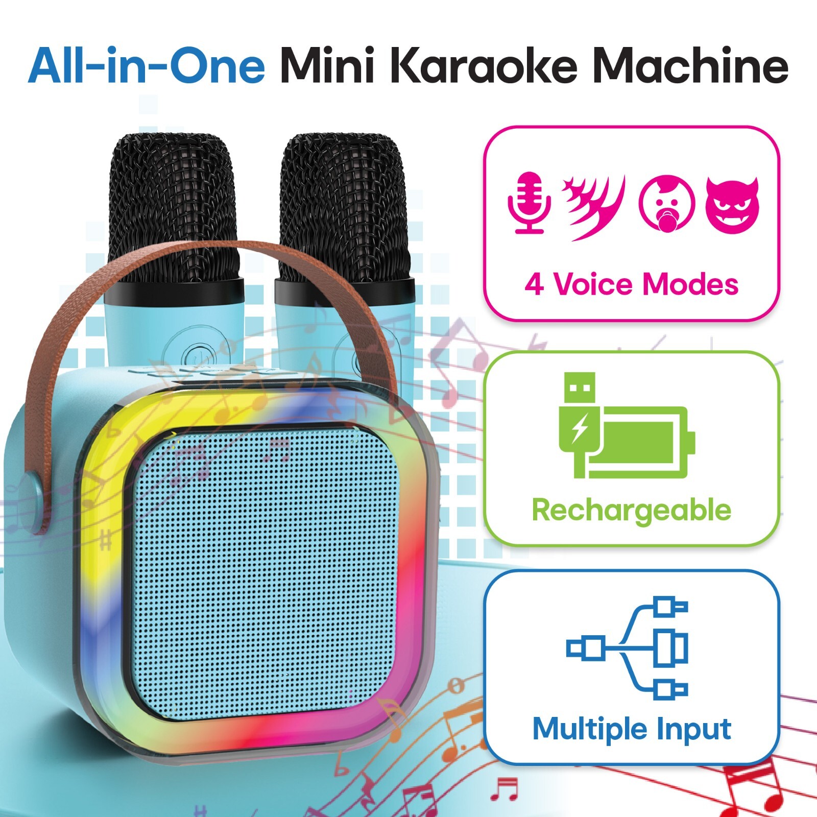 Laser Mini Karaoke Speaker with 2 Wireless Microphones Bluetooth Blue