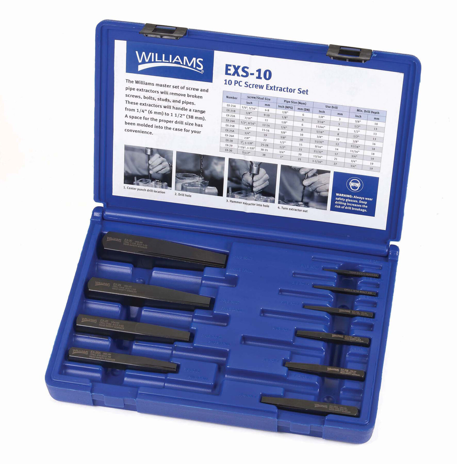 10pc Screw Extractor Set In Plastic Storage Case Williams USA # JHWEXS-10