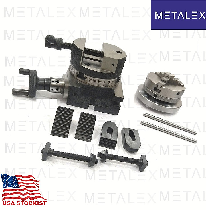 Rotary Table 4" 4-Slot + 80mm Backplate + 70mm 4 Jaw Independent Chuck + Vise