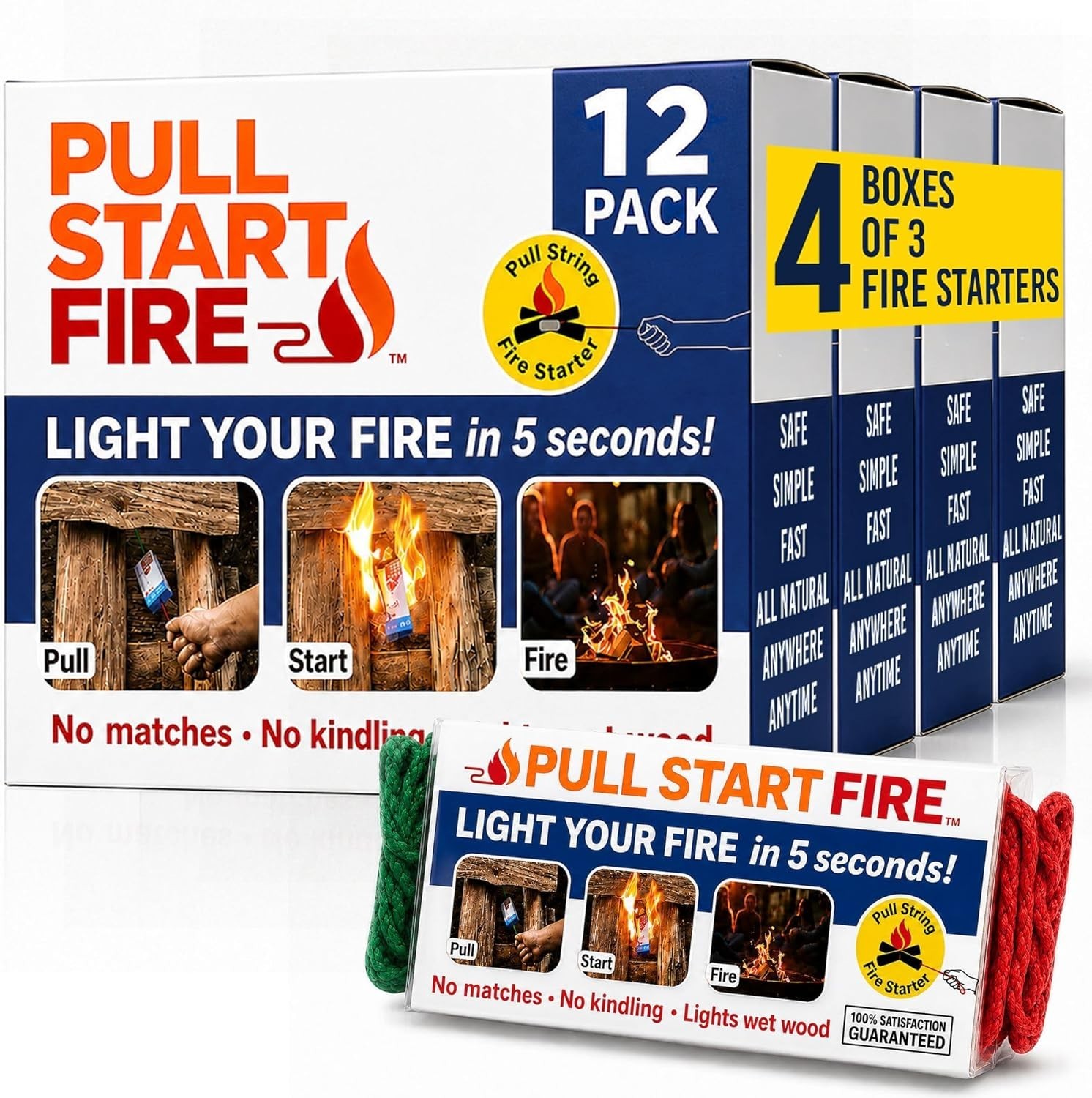 PULL START FIRE - The Easiest and Fastest Fire Starter - Always Lights - 12 Pk
