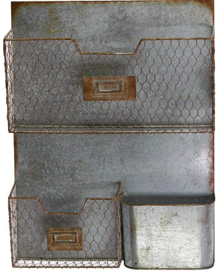 Galvanized Metal Triple Wall Pocket Organizer File Holder w/ Hooks 13" x 21