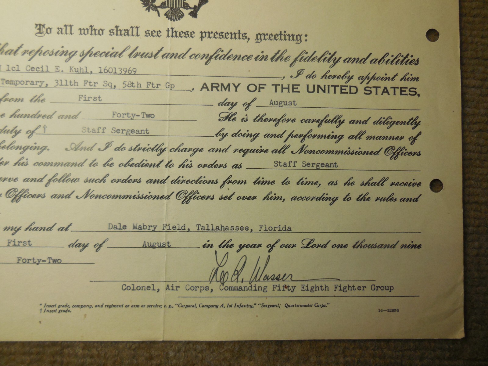 WWII 1942 USAAF Staff Sergeant Promotion Document 311th Fighter Squadron