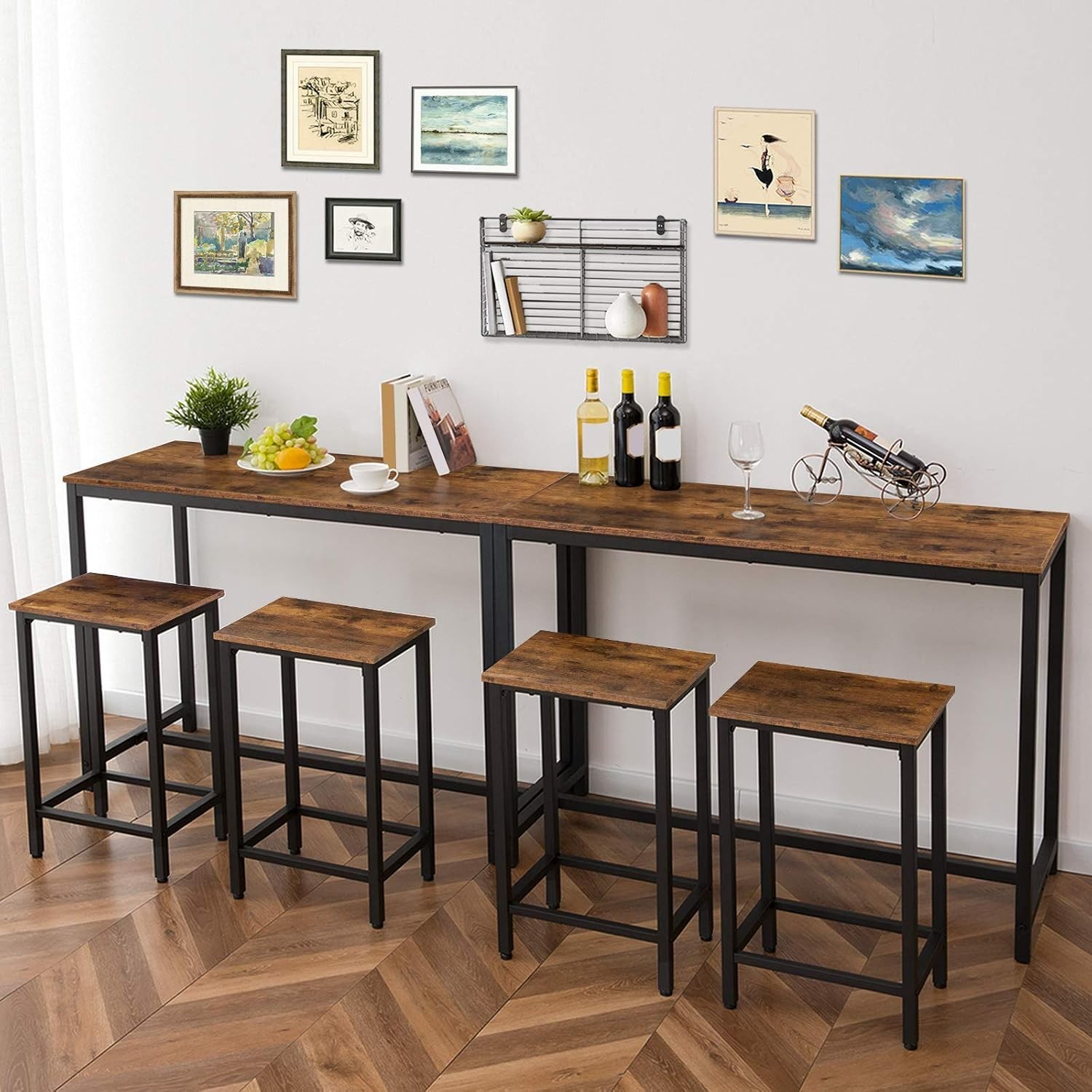 Table Chairs Set 47.2 Inch Rectangular Pub Steel Frame Rustic Brown