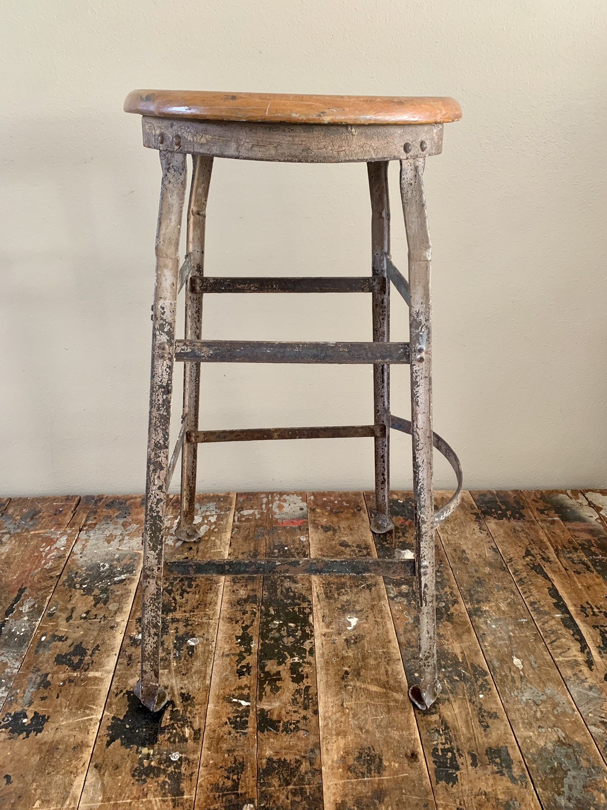Vintage Industrial Drafting Machinist Factory Stool w/ Foot Rest