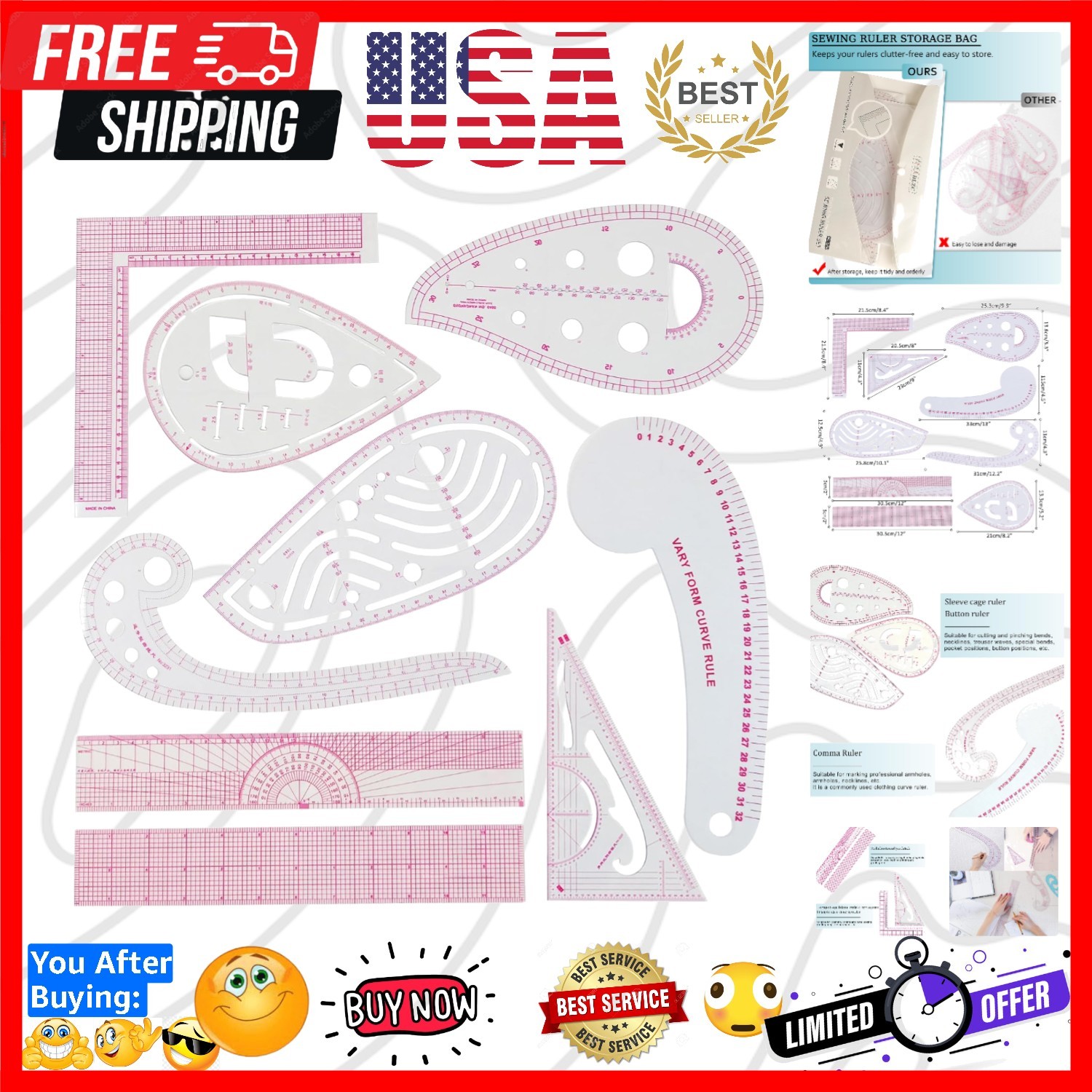 Fashion Clear Metric Sewing Ruler Set, French Curve Pattern Ruler Kit for Beg...