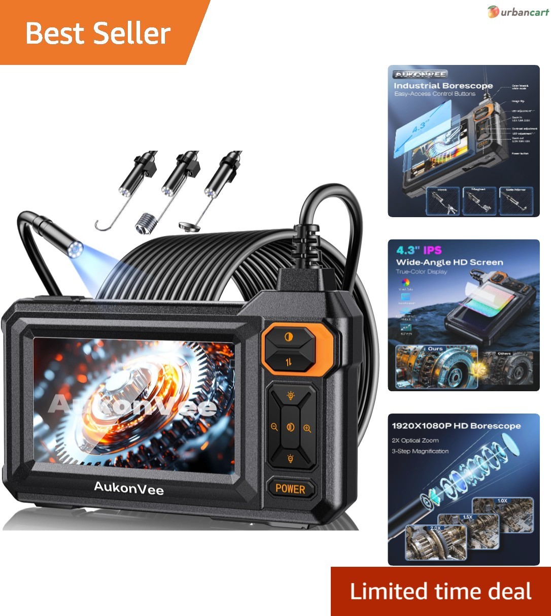 HD 1920P Endoscope Camera with 4.3" Screen & 16.5ft Semi-Rigid Cable