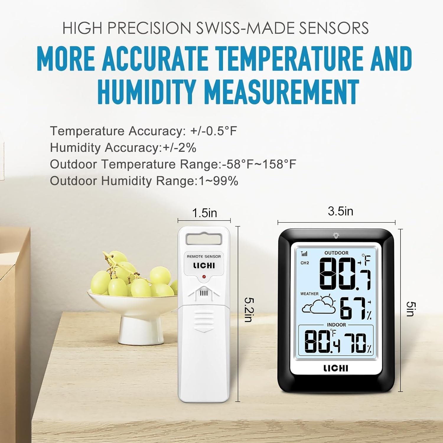 High Precision Wireless Indoor/Outdoor Thermometer with LCD Display & Forecast