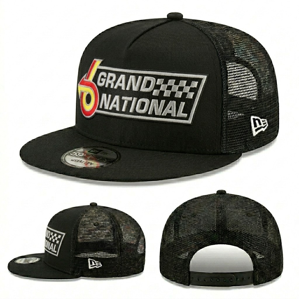 Grand National Logo Embroidered New Era 59Fifty Black Mesh Trucker Hat Cap