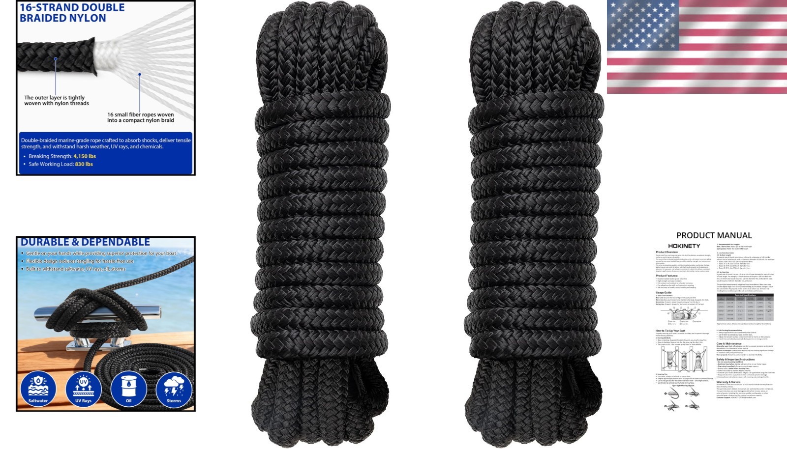 Durable Double Braided Nylon Dock Lines with Pre-Spliced Loop - 40ft Total