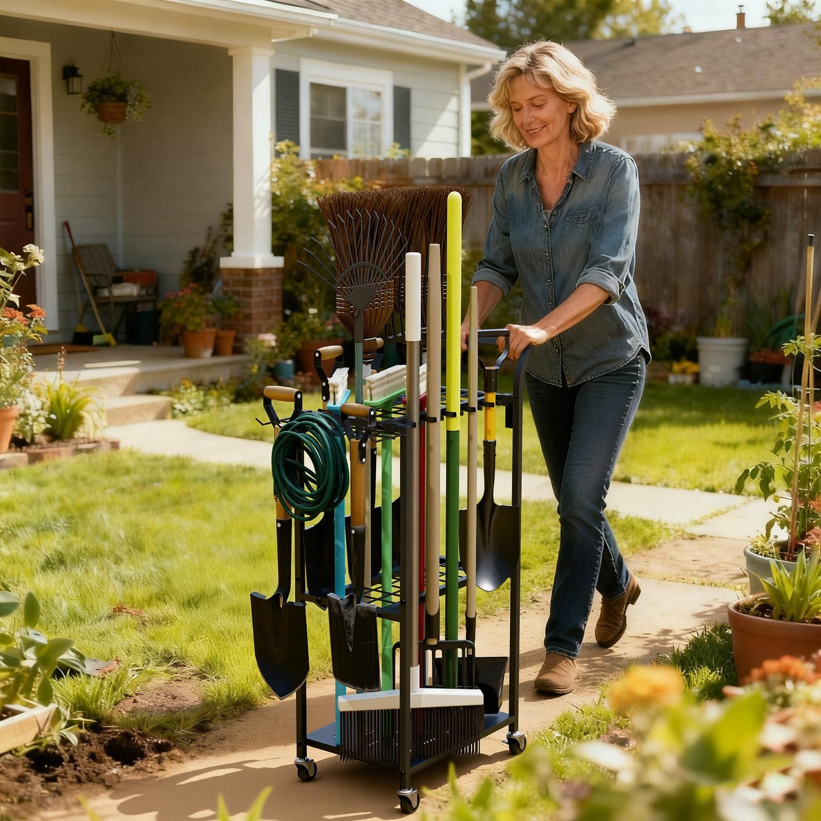 Faesun Garden Tool Organizer with Wheels, Heavy Duty Rolling Yard Tool Rack with