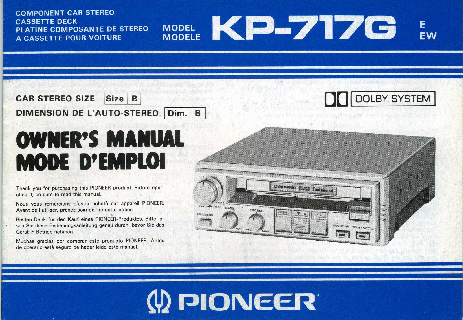 PIONEER Ownwer's Manual Component Car Stereo Centrate Series,kex,kpx,Dex,Cdx