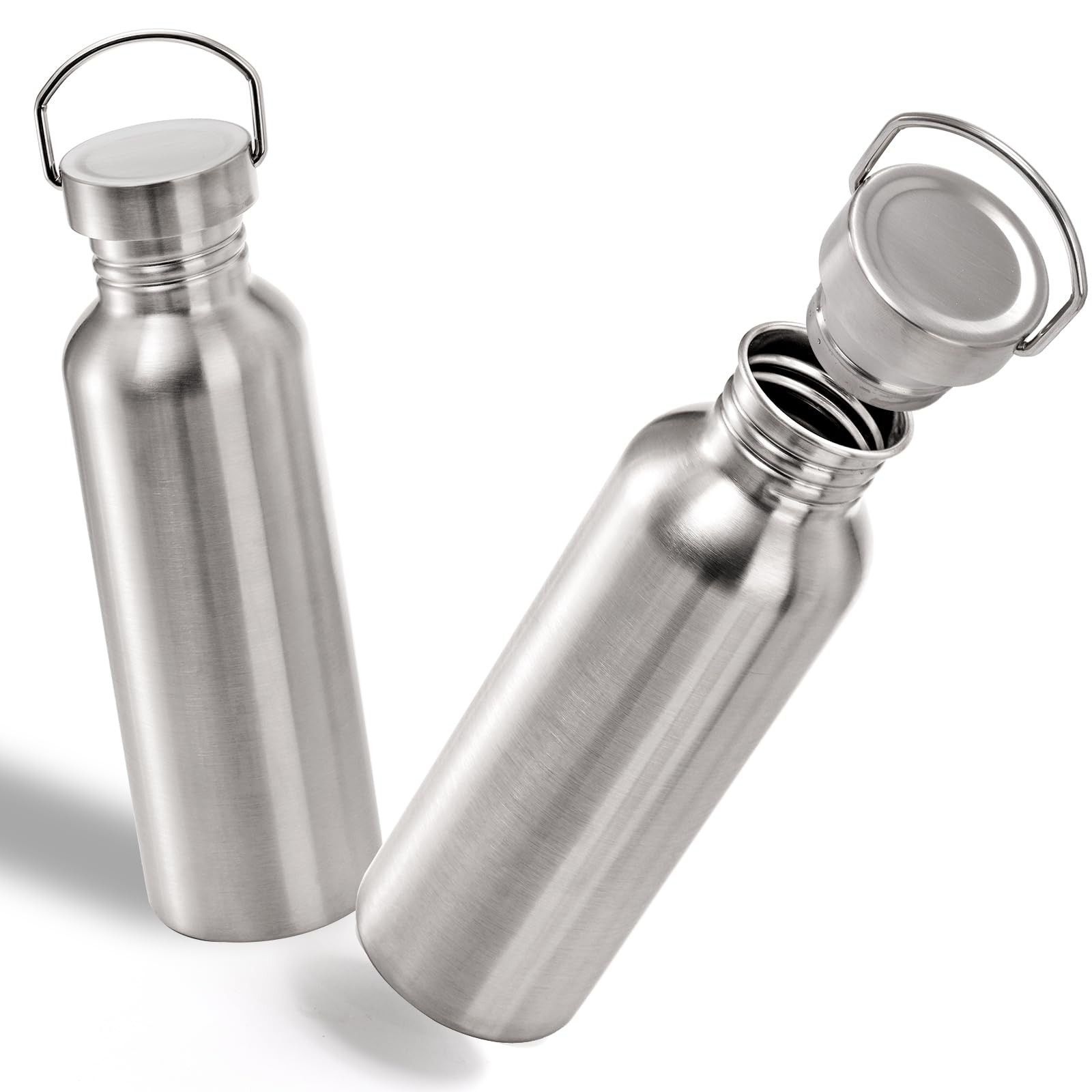 2 Pack Stainless Steel Sports Water Bottles, 26OZ Single Walled 18/8 Stainless S