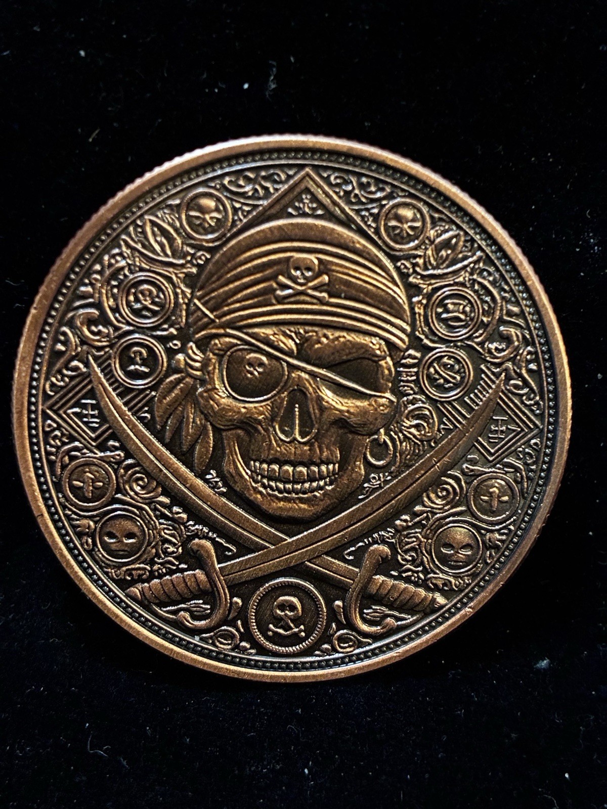 1 oz AVDP .999 Copper Round - Pirate Skull & Ship - Antiqued Bullion Coin, BU