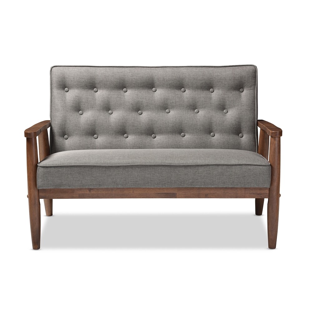 Mid-Century Dark Walnut Finished Gray Fabric Sofa, Loveseat, Chair or Set of all