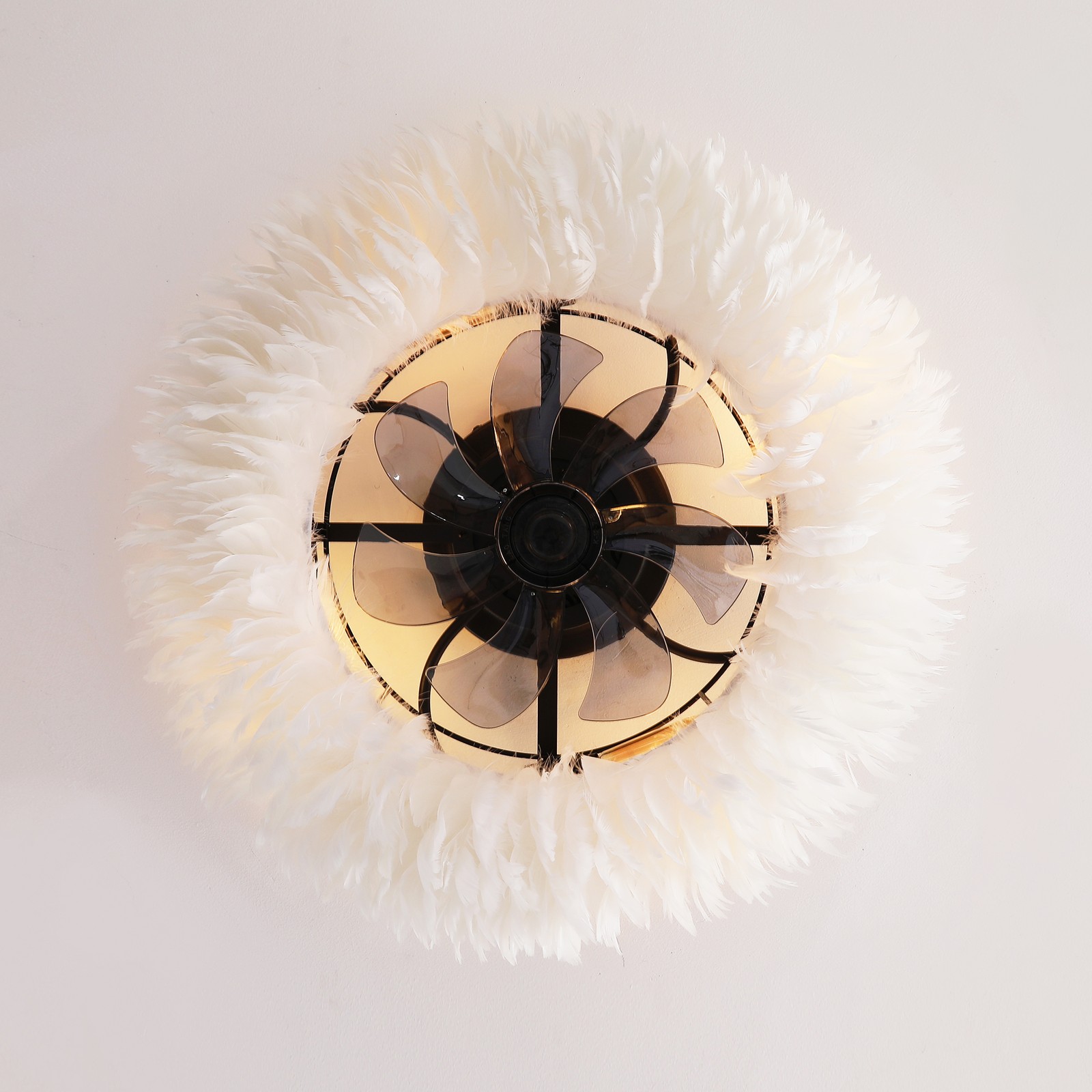 20" Feather-Dressed Caged Ceiling Fans with Remote, Flush Mount Ceiling Fan
