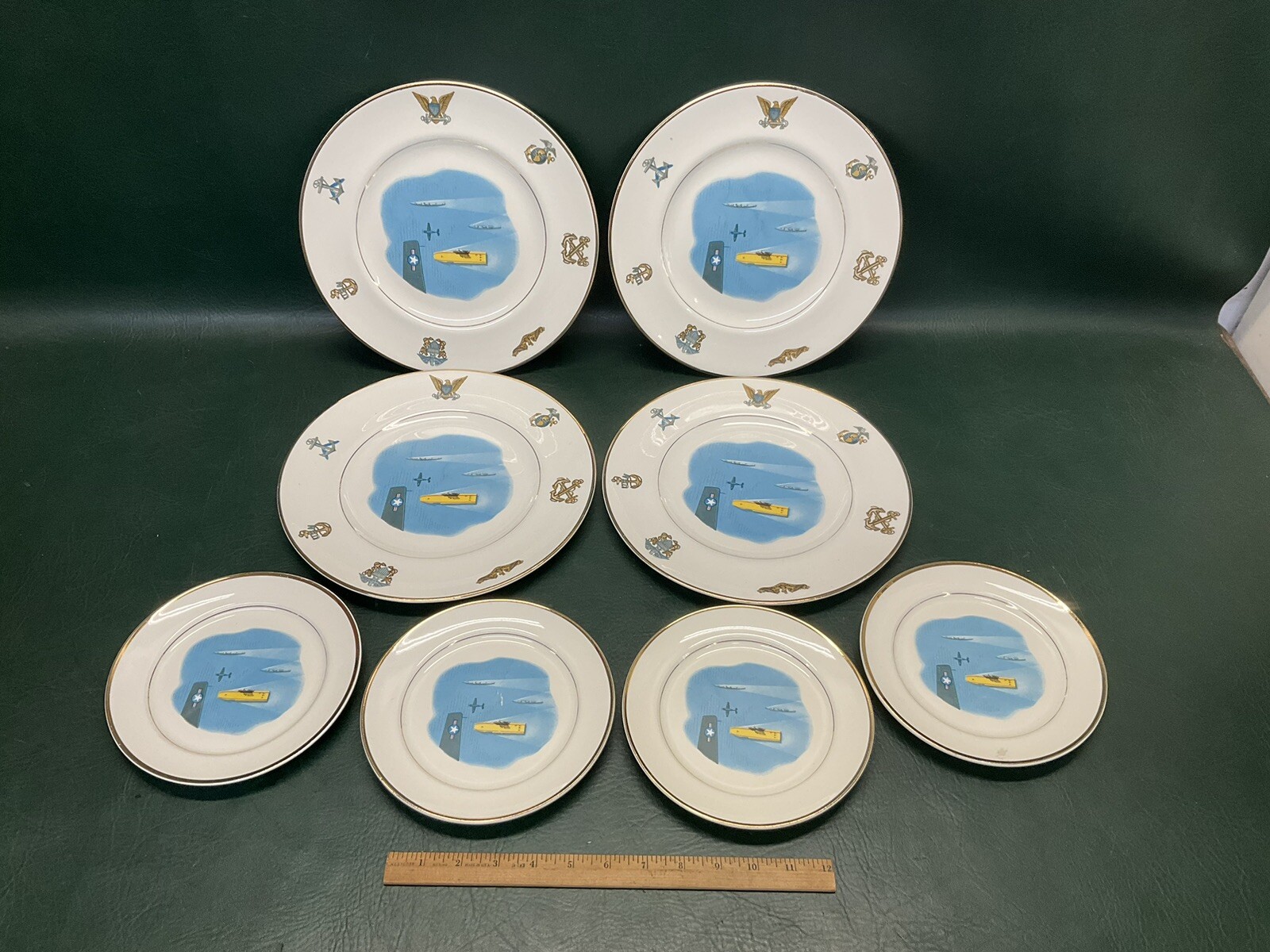 Rare 8 Pcs American Ceramic Industries 22 Karat Gold Plates ~ 1950's USN Navy