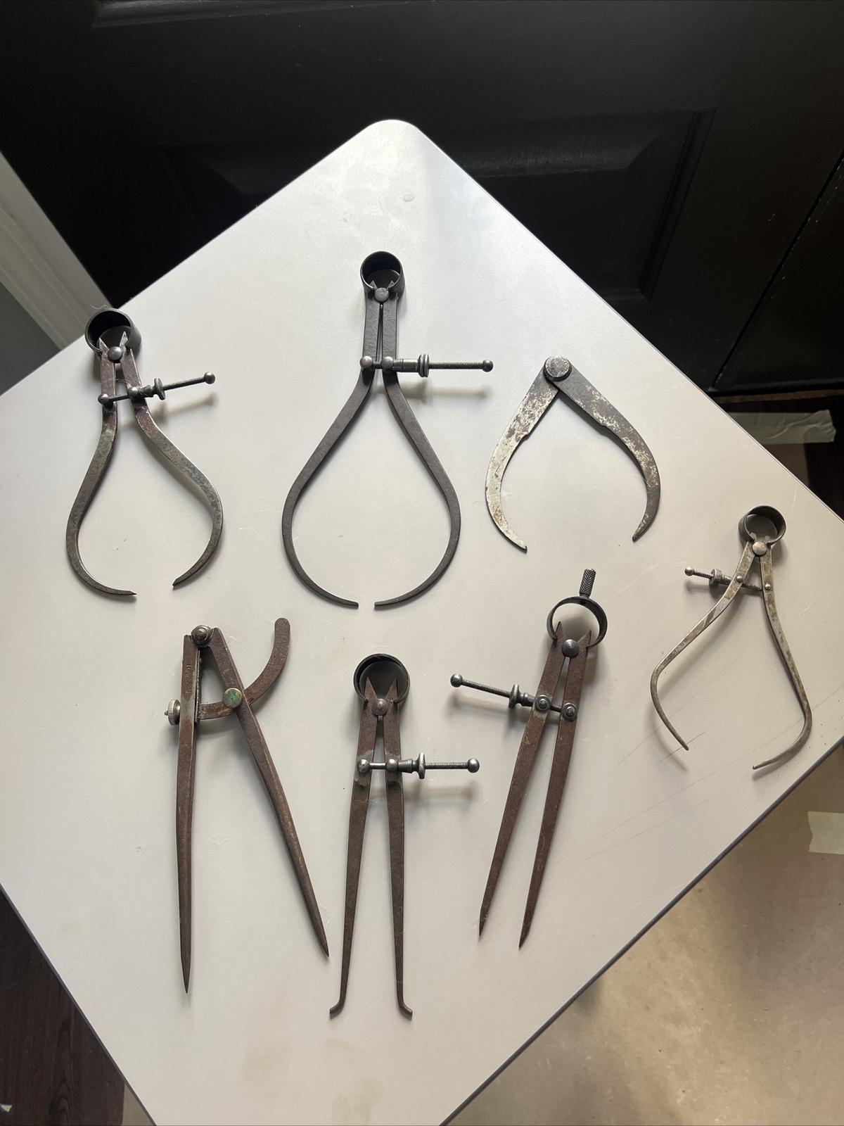 7 Pc Set of Vintage Caliper Divider Tools, As Is, Mixed Lot, Antique Patina