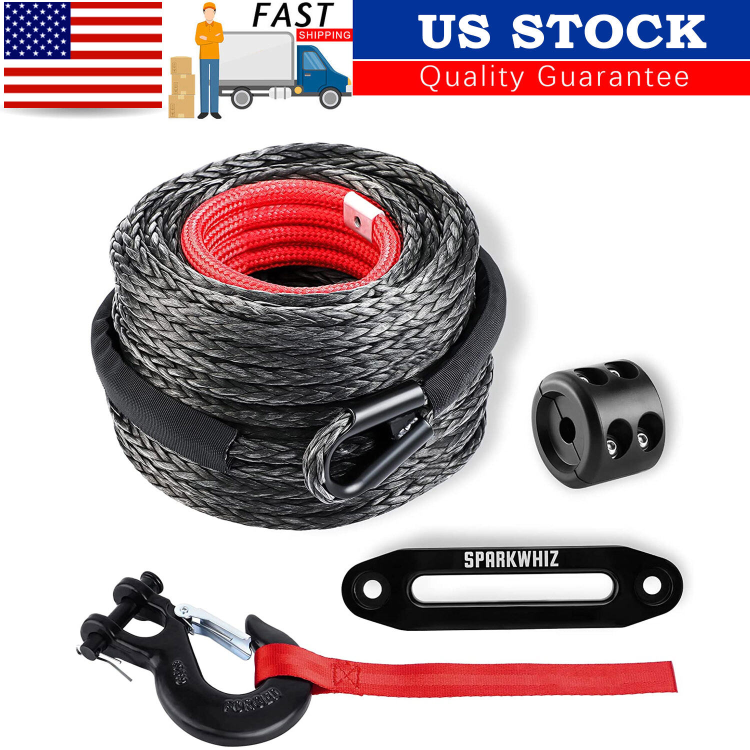For Truck 3/8"x100ft 26500lbs Synthetic Winch Rope Winch Line Cable + Winch Hook