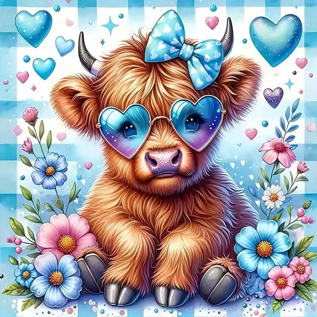 5D Diamond Art Kits for Adults Beginners,Highland Cow DIY Full Round Drill Diamo