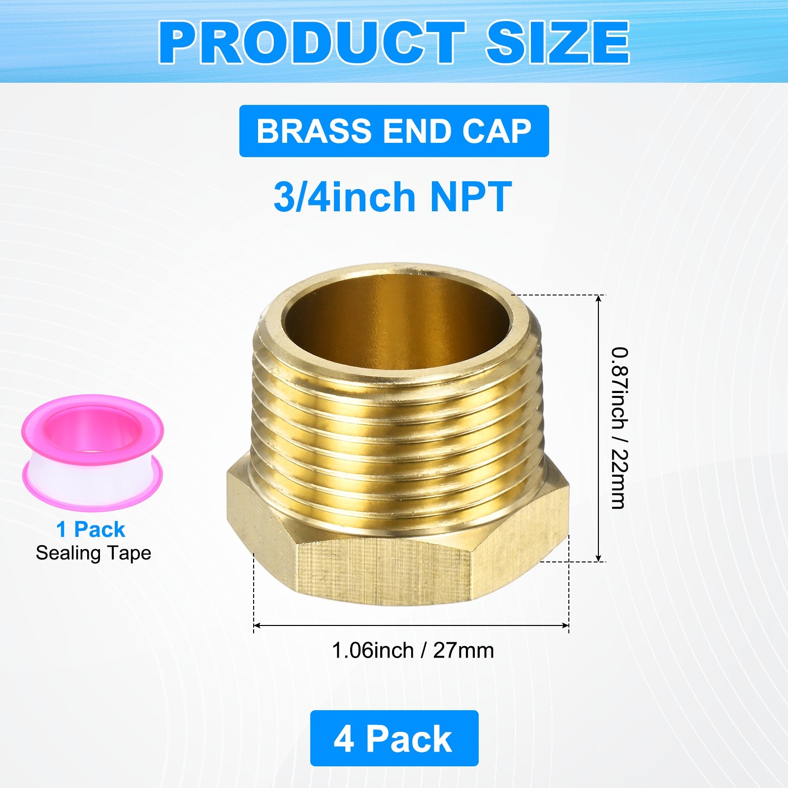 4-Pack Pipe Fitting, 3/4 " NPT Female Thread Hex End Cap with Sealing Tape