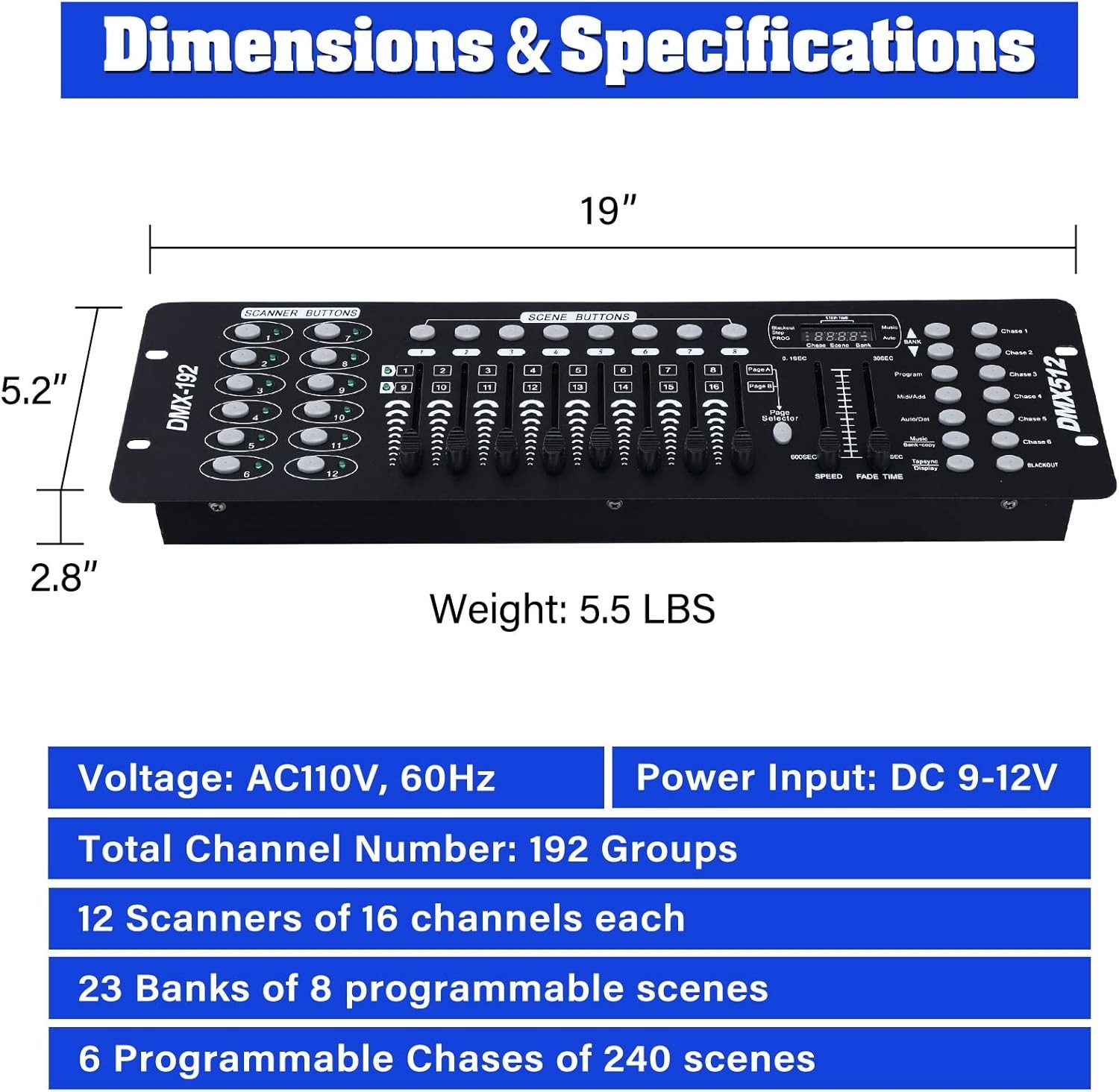 DMX 512 Controller, 192 Channel DMX Light Controller Stage Lighting Console f...
